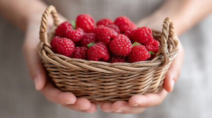 Fresh raspberries in hands over wicker basket for healthy eating and organic lifestyle