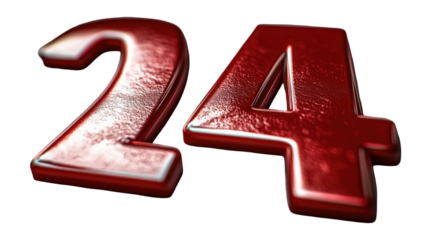 Metallic red "24" number art with textured surface and rim light, slightly angled
