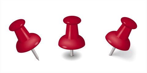 The red colorful thumbtacks set. Pink pushpin isolated on white background. Office stationery. Pins tacks. Realistic pushpins. Glossy plastic pin tacks. Vector 3d illustration.	