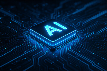 Digital technology featuring glowing AI chipset on a circuit board, illustrating artificial intelligence and futuristic innovation, powerful computing and machine learning