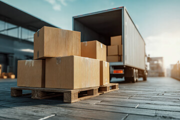 Stacked cardboard boxes on wooden pallets beside an open delivery truck during loading operations at a modern warehouse facility in bright daylight