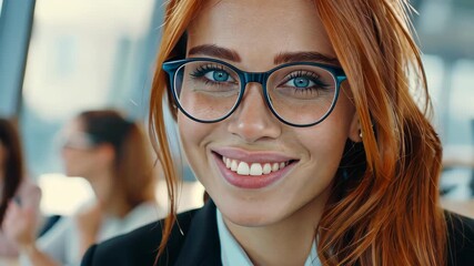 Confident Professional Portrait: Captivating close-up of a woman with bright red hair and smart glasses. a beacon of professionalism, wisdom and charisma. - Powered by Adobe