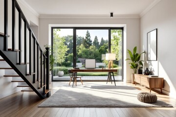 Fototapeta premium Modern home office setup with scenic outdoor view through large windows