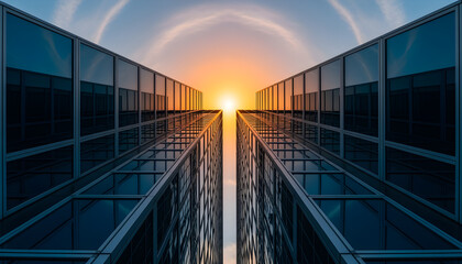 Parallel modern office buildings mirroring golden dusk and cerulean sky on reflective curtain walls