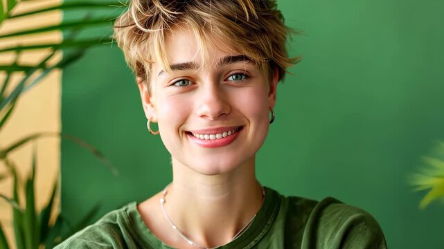 Radiant Woman Smiling: An attractive woman, with a captivating smile, emanating confidence and joy, against a vibrant backdrop that complements her natural beauty.