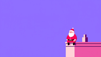 紫背景の屋根の上で休憩するサンタクロースのイラスト