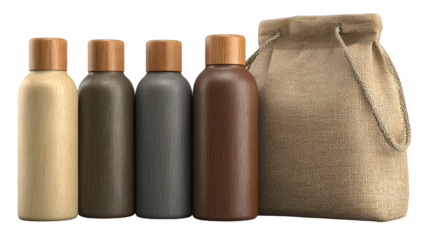 Bottles in gradients of brown with a beige fabric bag