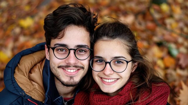 Love's Autumnal Embrace: A couple embraces amidst a tapestry of autumn leaves, their smiles mirroring the warmth of their affection against the backdrop of the season's rich hues.