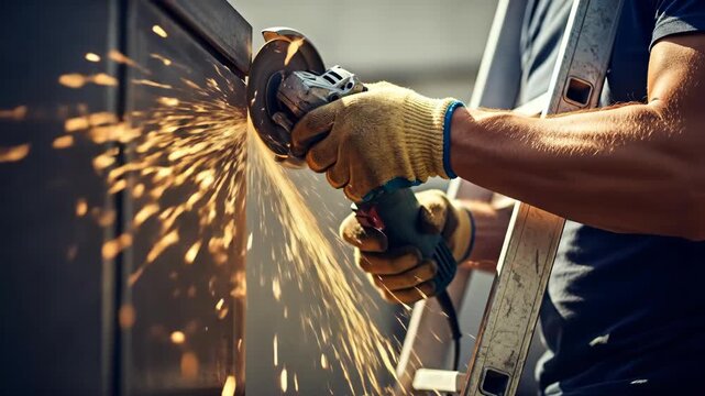 Man grinding metal with an angle grinder outdoors, producing sparks. Safety equipment, construction, and repair work in action footage.