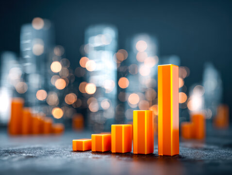 Rising business growth represented by increasing orange bar chart in a cityscape background