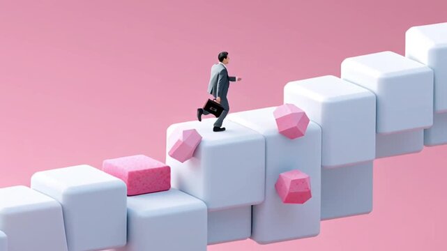 Businessman climbing geometric blocks on a pink background