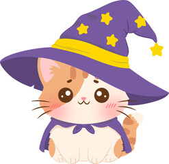 Illustration of Cat Wearing Wizard Hat and Cape