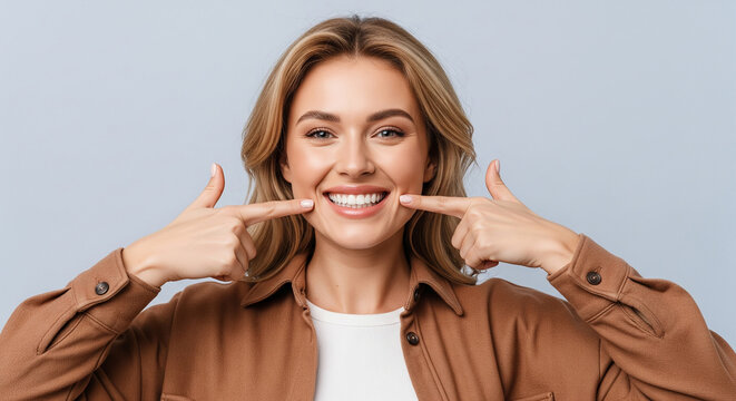 Happy smiling woman pointing to her perfect white teeth. Confident patient showing the results of a successful dental treatment or teeth whitening, illustrating an oral hygiene concept.