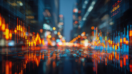 Vibrant digital stock market charts overlaid on a blurred urban cityscape at night with glowing financial data and abstract colorful light reflections