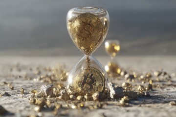 hourglass filled with falling bitcoin icons instead of sand, surreal digital time concept