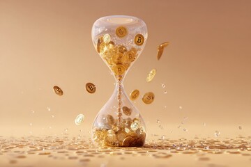 hourglass filled with falling bitcoin icons instead of sand, surreal digital time concept