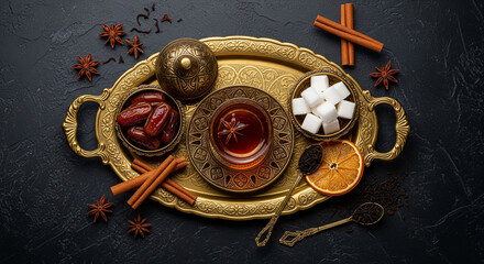 Traditional Arabic or Turkish tea ceremony flat lay. Hot spiced drink on a vintage brass tray with dates, sugar cubes, cinnamon, and star anise on a dark background.