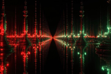 infinite tunnel of glowing red and green candlesticks, surreal trading market concept