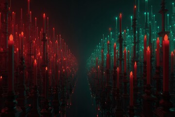 infinite tunnel of glowing red and green candlesticks, surreal trading market concept