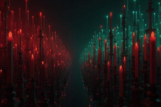 infinite tunnel of glowing red and green candlesticks, surreal trading market concept