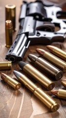 Firearms and ammunition on a wooden surface