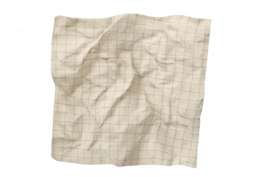 Crumpled checkered cloth napkin fabric texture isolated on transparent background, textile surface with wrinkles