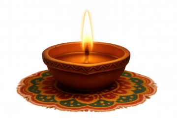 Diya oil lamp illuminating diwali festival celebration, traditional clay lamp burning, transparent background
