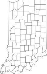Detailed vector map of Indiana state outline with all internal county borders and administrative divisions, presented as a blank template map of the Midwestern United States territory.


