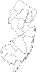 Detailed vector map of New Jersey state outline showing all internal county borders and administrative divisions, presented as a blank template map of the Mid-Atlantic United States territory.

