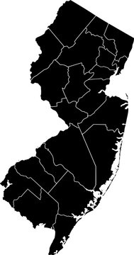 Detailed vector map of New Jersey state outline with all internal county borders and administrative divisions, rendered in black, a complete political template of the Mid-Atlantic U.S. territory.

