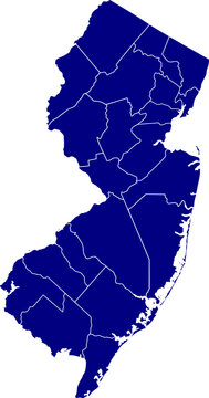 Detailed vector map of New Jersey state outline with all internal county borders and administrative divisions, rendered in dark blue, a complete political template of the Mid-Atlantic U.S. territory.
