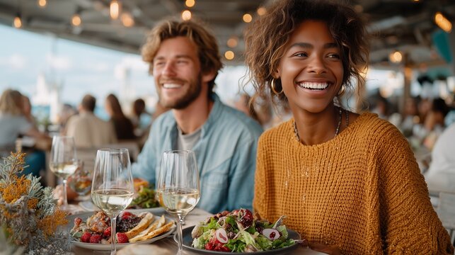 Smiling couple enjoying a meal together in a vibrant outdoor setting.