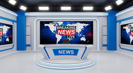 Modern TV news studio with an anchor desk and screens showing "Breaking News Live". Professional broadcast background for global events, interviews, and talk shows. 3D rendered virtual set.