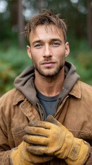 Obraz premium Man preparing for outdoor work by pulling on heavy gloves in forest camp setting