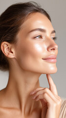 Obraz premium Skincare final touch with gentle finger highlighting for radiant glow