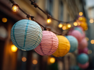 Fototapeta premium Colorful paper lanterns and string lights creating a festive ambiance at dusk