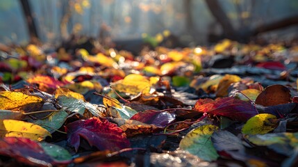 Fallen autumn leaves create a colorful carpet on the forest floor.