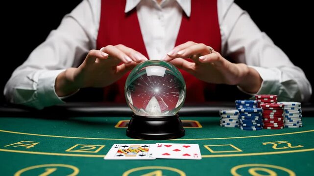 Fortune teller with hands over a crystal ball on a casino table with poker chips and cards, symbolizing luck and gambling vector illustration