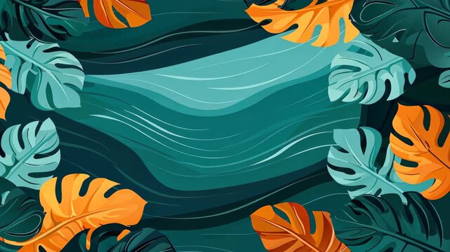 Tropical Oasis: A vibrant tropical design featuring lush leaves framing an inviting central space with swirling patterns evokes a sense of serenity and natural beauty.
