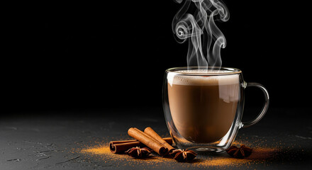 Steaming glass mug of hot chai latte or coffee with aromatic cinnamon and star anise spices on a dark, moody background. A warm and cozy winter beverage concept with copy space.