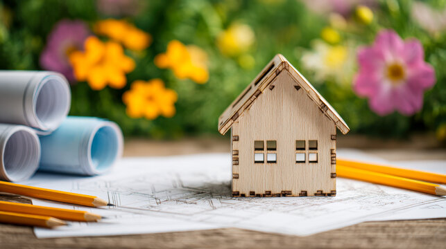Small wooden house model placed on architectural blueprints surrounded by rolled plans and pencils with colorful flowers in the background, symbolizing home design and planning con
