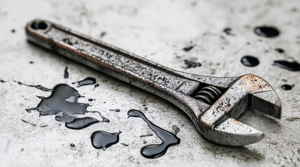 Vintage adjustable metal wrench with oil stains on a weathered industrial surface symbolizing mechanical repair and maintenance work in a workshop setting