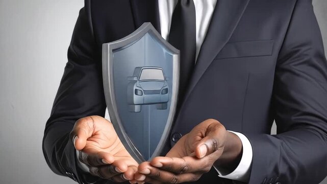 Car Protection Concept: A Man in Suit Presenting a Shield with a Vehicle Image