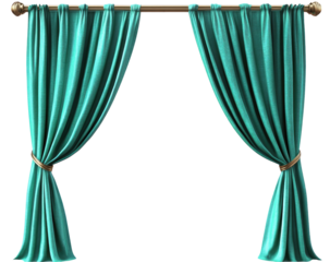 Teal curtains draped on a rod, gathered with tiebacks