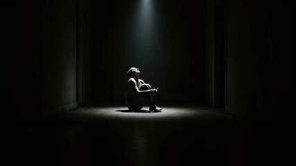 Man sitting alone in darkness, looking up at a single spotlight, feeling isolation and seeking solace, depression concept footage.