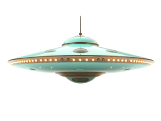 Sleek retro flying saucer with glowing lights on black backdrop