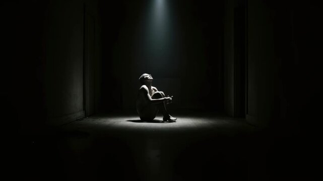 Man sitting alone in darkness, looking up at a single spotlight, feeling isolation and seeking solace, depression concept footage.