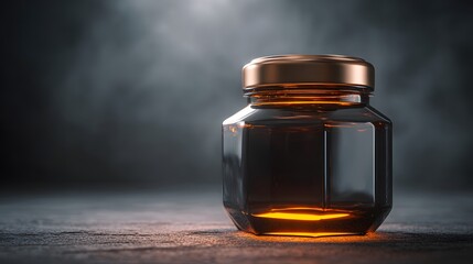 Glass jar filled with golden liquid and metallic lid.