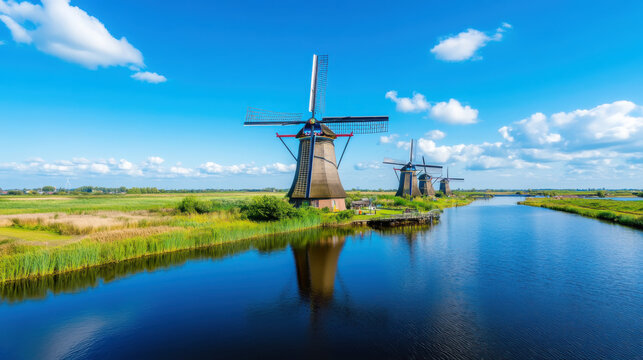 Scenic view of traditional windmills at kinderdijk on a bright day for travel inspiration