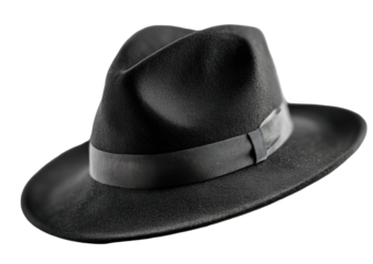 Classic black fedora hat with dark ribbon band on black background